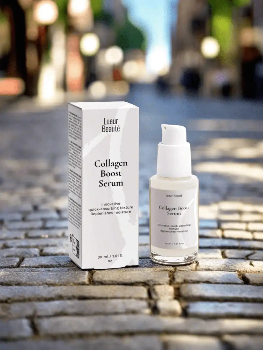 Collagen Boost Serum with product box placed on a sunlit cobblestone street, blurred city background