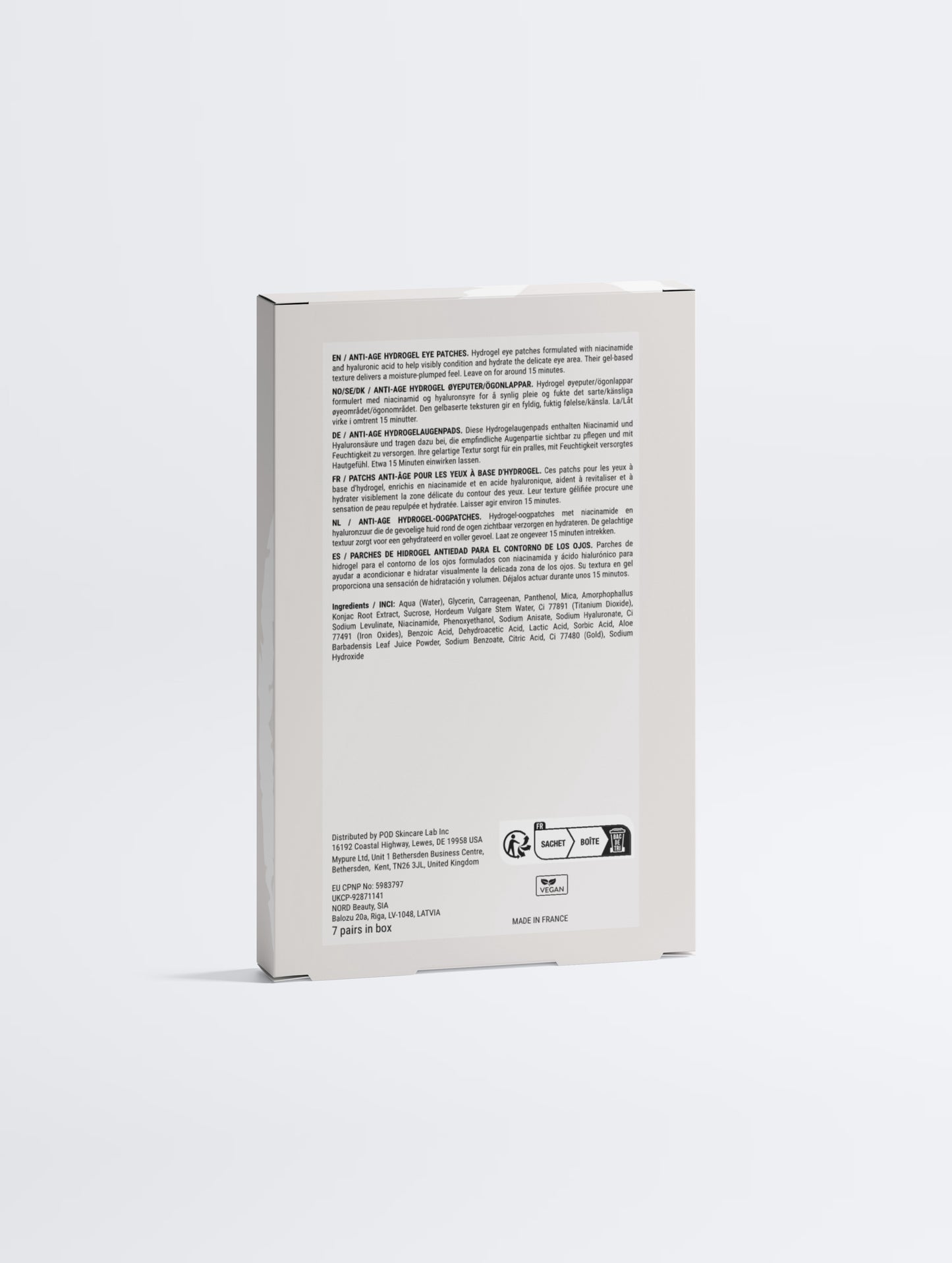 Lueur Beauté Anti-Age Hydrogel Eye Patches box back showing ingredients and product information