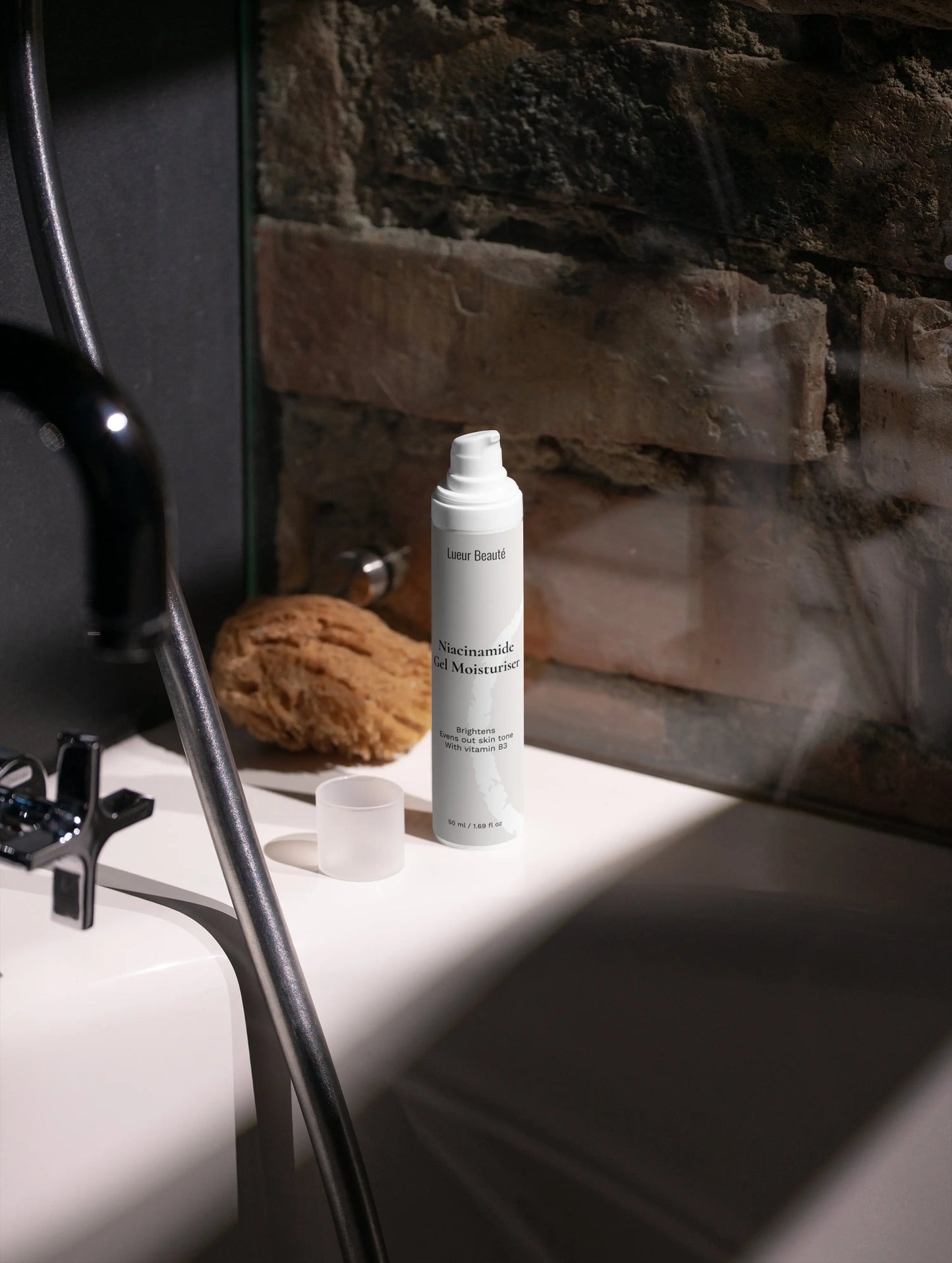 Niacinamide gel moisturiser in bathroom setting for daily skincare routine hydration