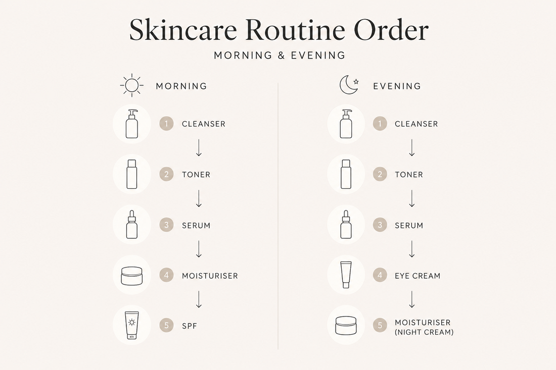 Morning and evening skincare routine order infographic showing the correct product layering sequence