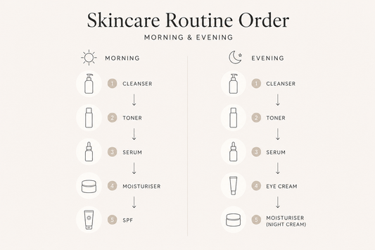 Morning and evening skincare routine order infographic showing the correct product layering sequence