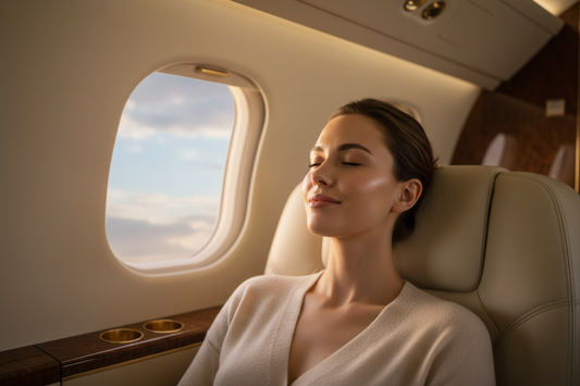 `Woman with glowing skin relaxing in a private jet cabin`