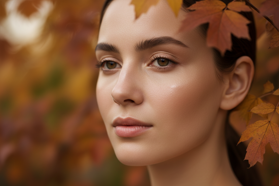 `Autumn skincare routine — glowing hydrated skin in warm fall light`