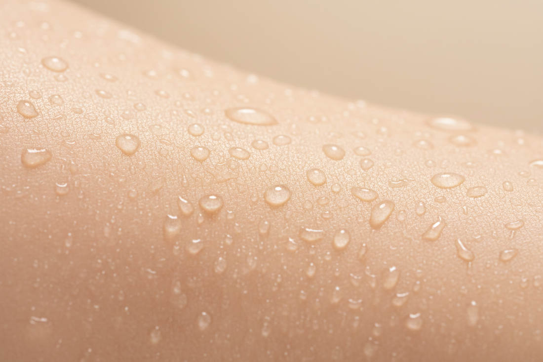 `Close-up of hydrated skin with moisture droplets — ceramide and hyaluronic acid skincare`