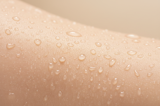 `Close-up of hydrated skin with moisture droplets — ceramide and hyaluronic acid skincare`