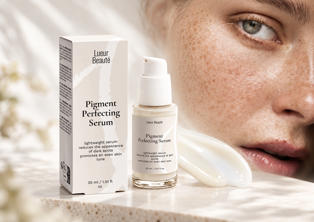 Lueur Beauté Pigment Perfecting Serum for an alpha arbutin skincare guide, shown beside close-up facial skin and serum texture.