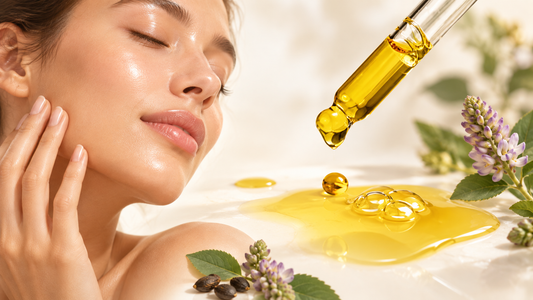 Glowing skin with golden Bakuchiol oil serum, dropper and babchi botanical elements