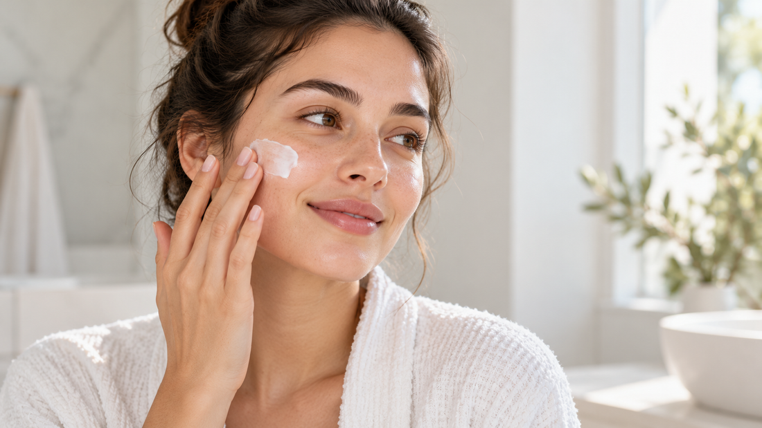 Woman applying moisturiser to her cheek in soft natural light, illustrating a simple beginner skincare routine