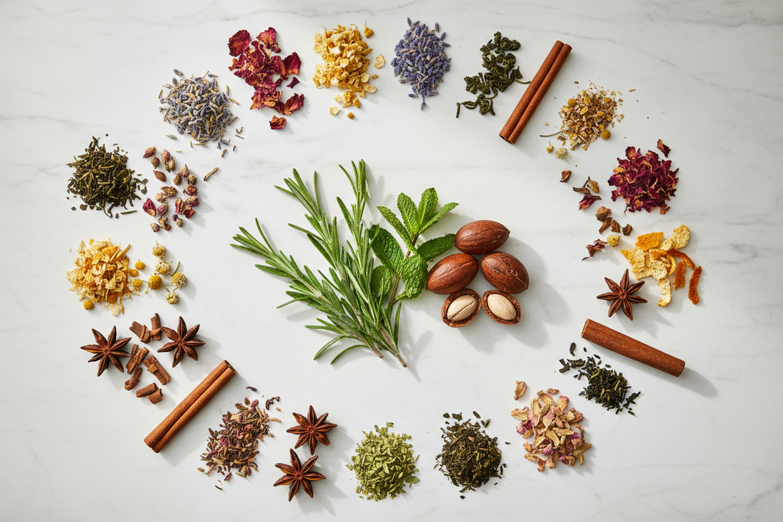 **Alt teksts:**  `Fresh rosemary sprigs, peppermint leaves and botanical plant ingredients arranged on white marble surface`