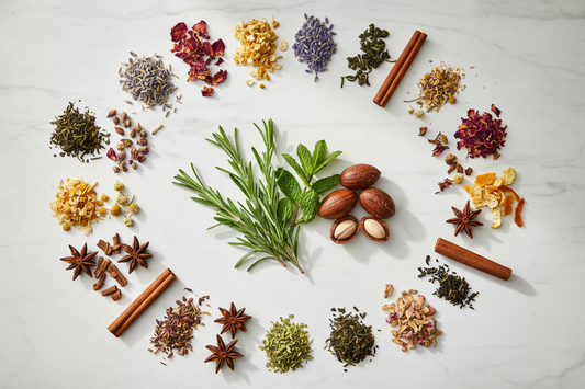 **Alt teksts:**  `Fresh rosemary sprigs, peppermint leaves and botanical plant ingredients arranged on white marble surface`
