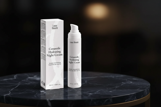 Lueur Beauté Ceramide Hydrating Night Cream bottle and box on dark marble surface with soft evening lighting