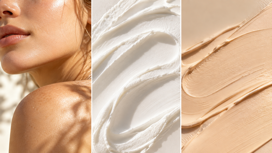 Daily mineral SPF collage with sunlit skin, white sunscreen texture and tinted SPF texture