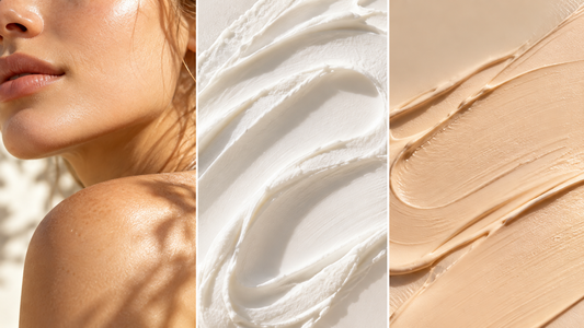 Daily mineral SPF collage with sunlit skin, white sunscreen texture and tinted SPF texture