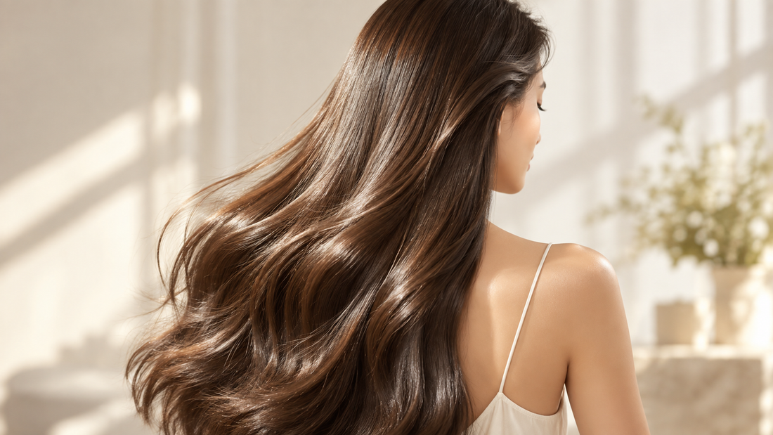 Woman with long glossy smooth hair viewed from the back in soft natural light