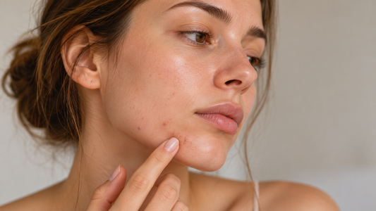 Close-up portrait of a woman with a few visible blemishes on the chin and jawline, illustrating hormonal breakouts