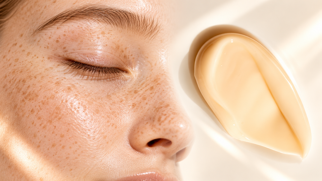 Close-up of skin with visible dark spots beside a creamy Kojic Acid skincare texture