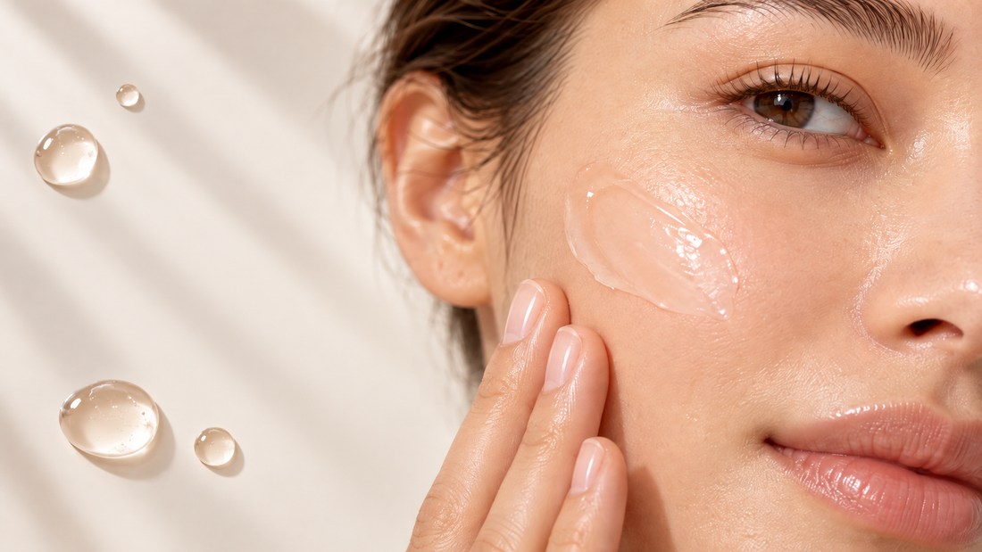 Close-up of glowing skin with lightweight niacinamide gel texture and clear hydration droplets