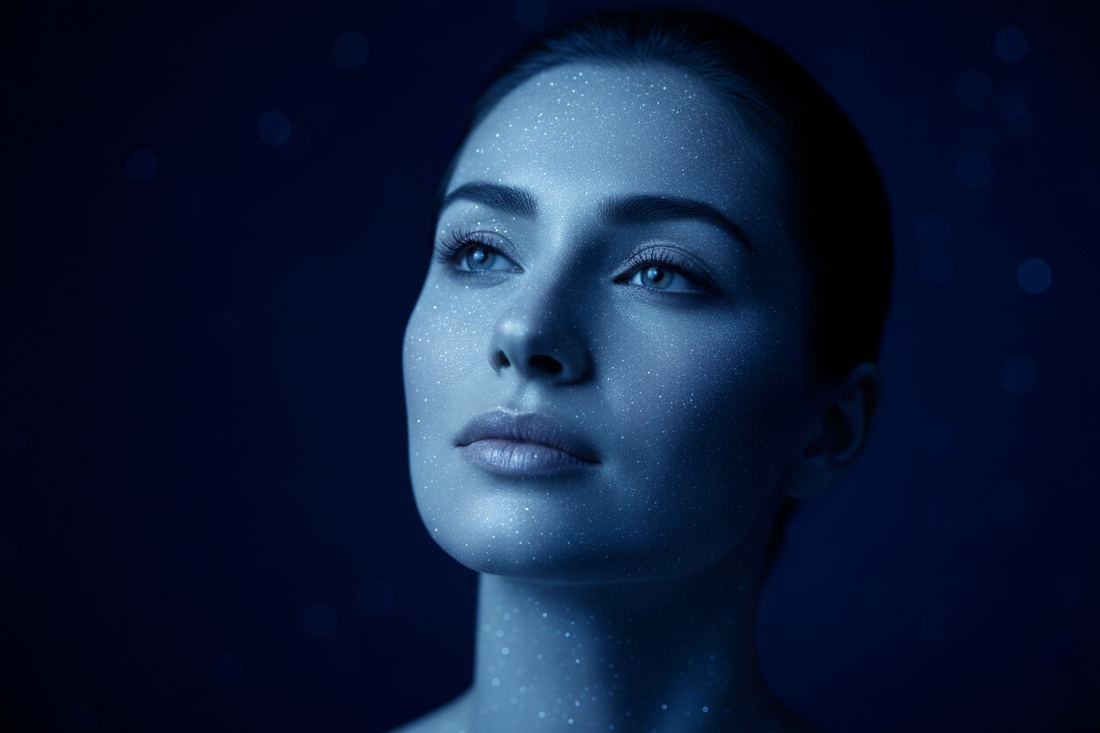 Woman with glowing, luminous skin in moonlight — nighttime skincare routine guide by Lueur Beauté