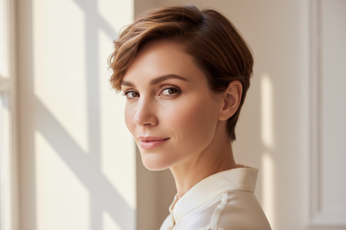 Woman with short hair and firm, radiant skin — peptide serum anti-aging skincare