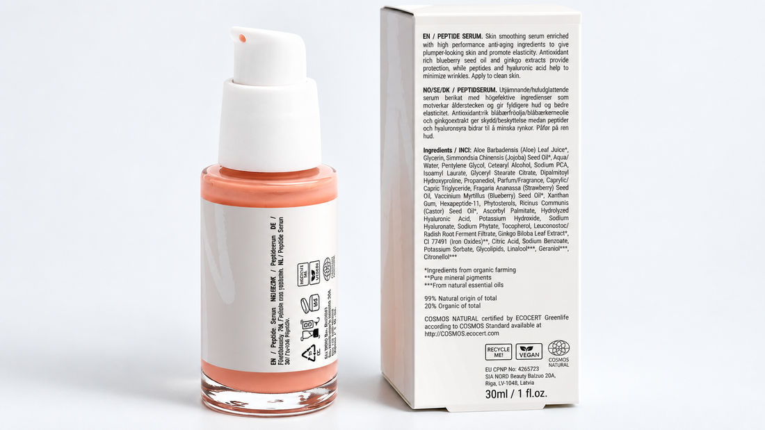 Close-up of Lueur Beauté Peptide Serum bottle and packaging with the ingredient list clearly visible