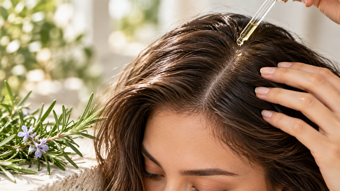 Close-up of rosemary oil being applied with a dropper to the scalp of a woman with healthy-looking hair