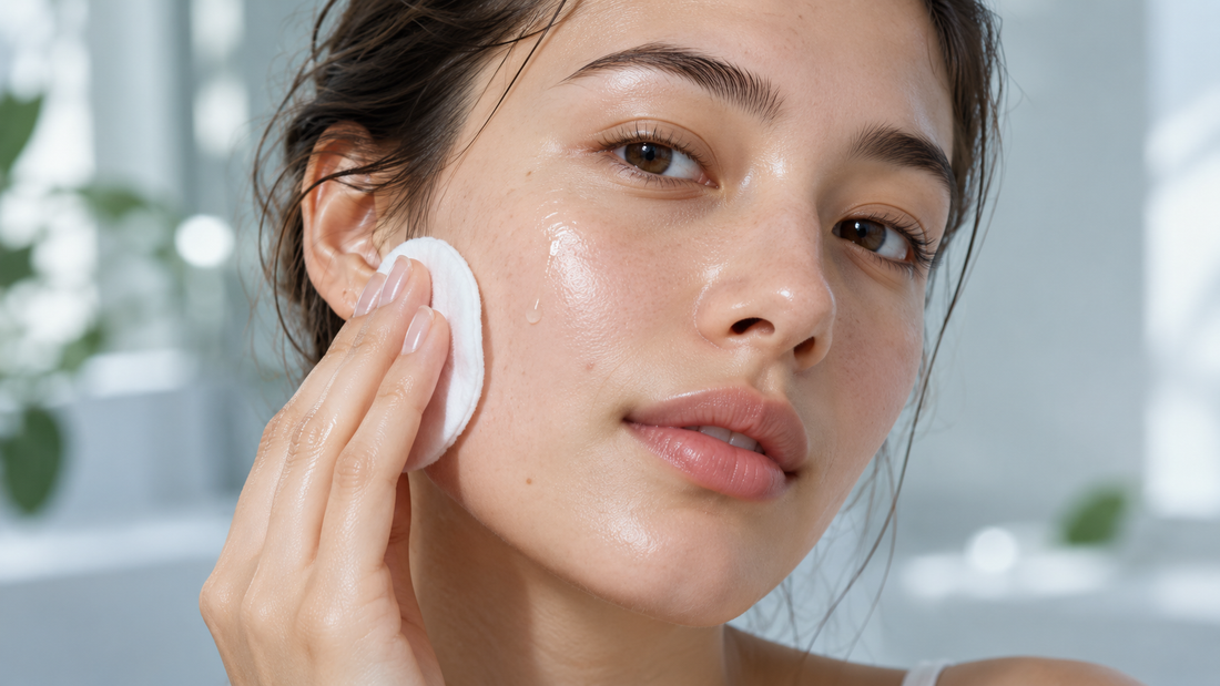 Woman applying toner to oily, blemish-prone skin with a cotton pad