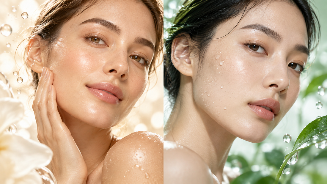 Split skincare editorial image showing radiant smooth skin on one side and fresh clarified skin on the other, representing Glycolic Acid vs Salicylic Acid