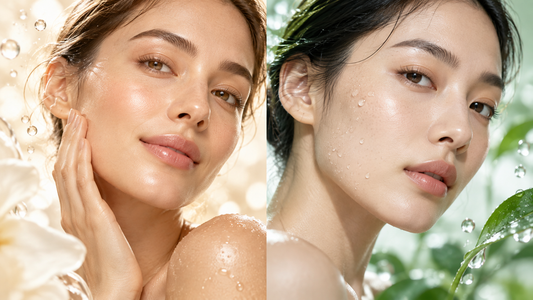 Split skincare editorial image showing radiant smooth skin on one side and fresh clarified skin on the other, representing Glycolic Acid vs Salicylic Acid