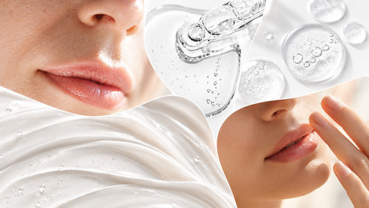 Sensitive skin skincare collage with calm skin close-up, serum texture and cream texture