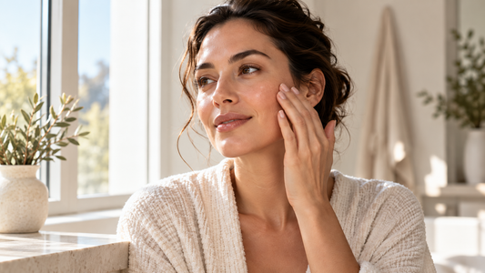 Woman in her 30s with naturally glowing skin applying skincare in soft morning light