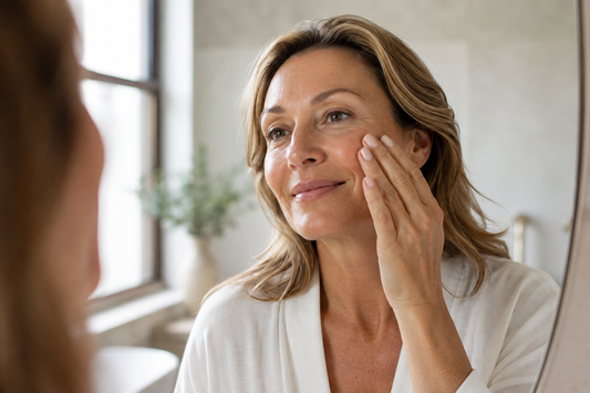 Woman in her 40s applying skincare as part of a daily anti-aging routine for mature skin.