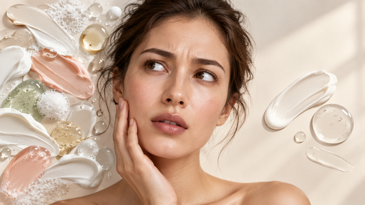 Woman surrounded by multiple skincare textures, illustrating an overloaded skincare routine