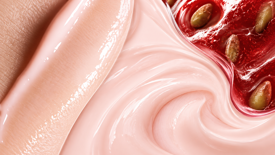 Editorial collage of glossy peptide serum textures in soft pink and deep red tones with a close-up skincare texture on skin