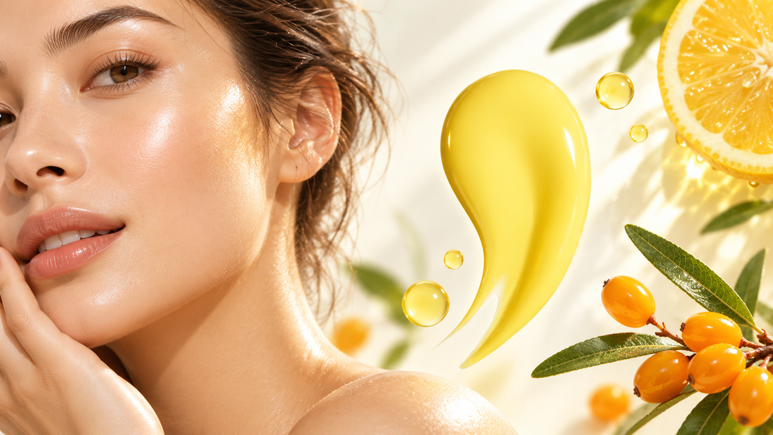Glowing skin close-up with yellow vitamin C serum texture, citrus slice and sea-buckthorn berries