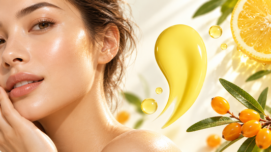 Glowing skin close-up with yellow vitamin C serum texture, citrus slice and sea-buckthorn berries