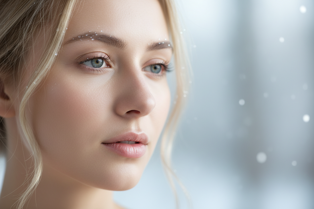 Woman with calm, hydrated skin in soft winter light — winter skincare routine