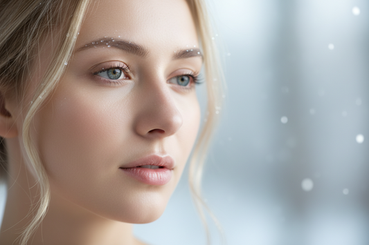 Woman with calm, hydrated skin in soft winter light — winter skincare routine