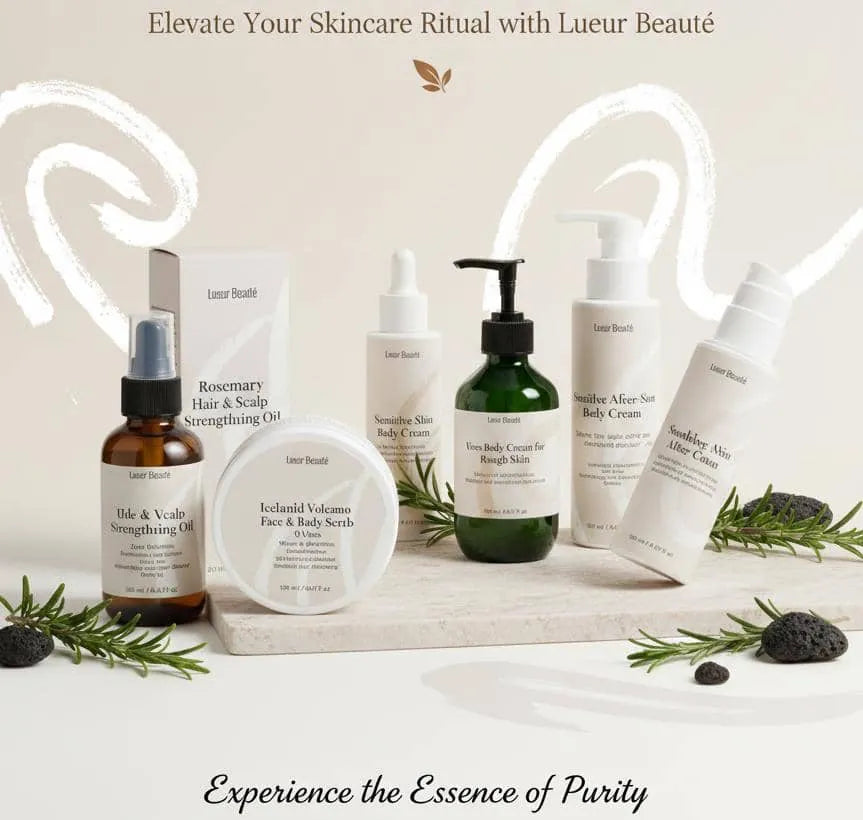 Lueur Beauté skincare products including hair and scalp oil, face and body scrub, and body cream displayed in a clean, minimalist setting
