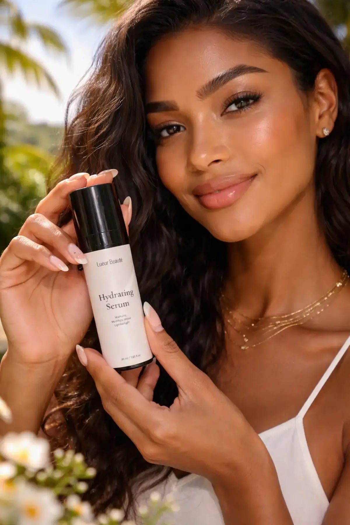 Woman holding Lueur Beauté serum in a tropical garden setting