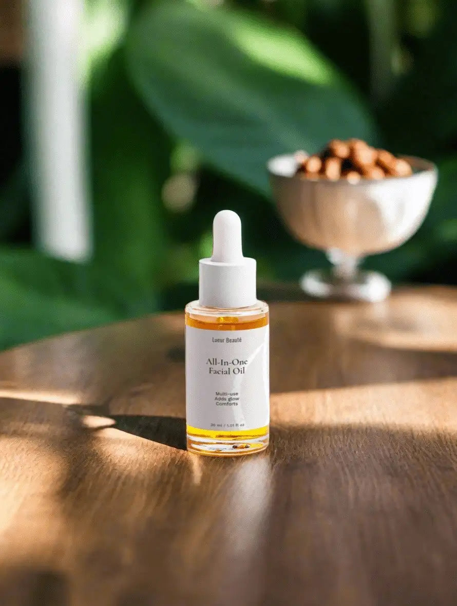Lueur Beauté All-In-One Facial Oil bottle on a wooden surface with soft natural light and green foliage background