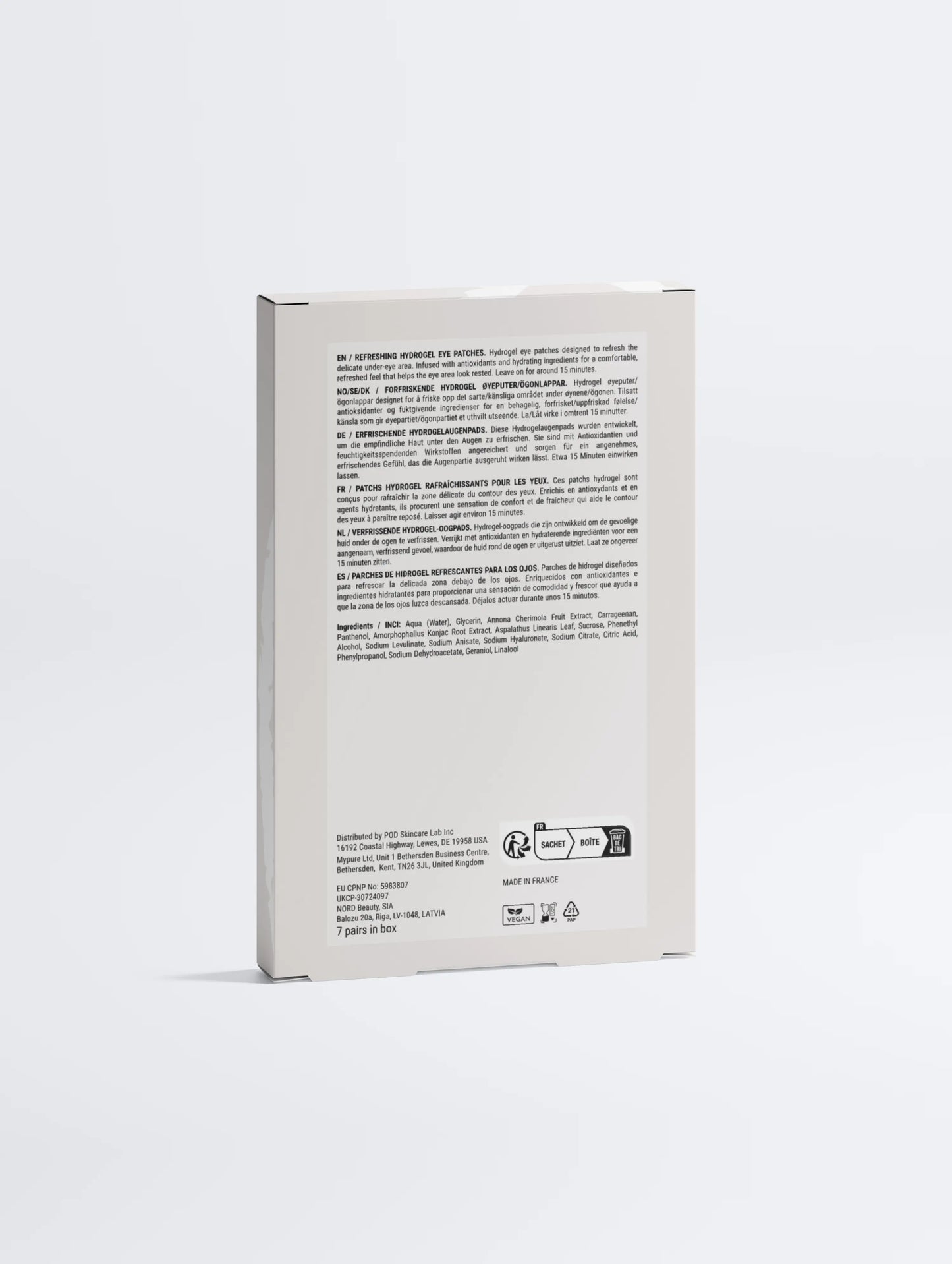 Back of Lueur Beauté Anti-Fatigue Hydrogel Eye Patches packaging with product information