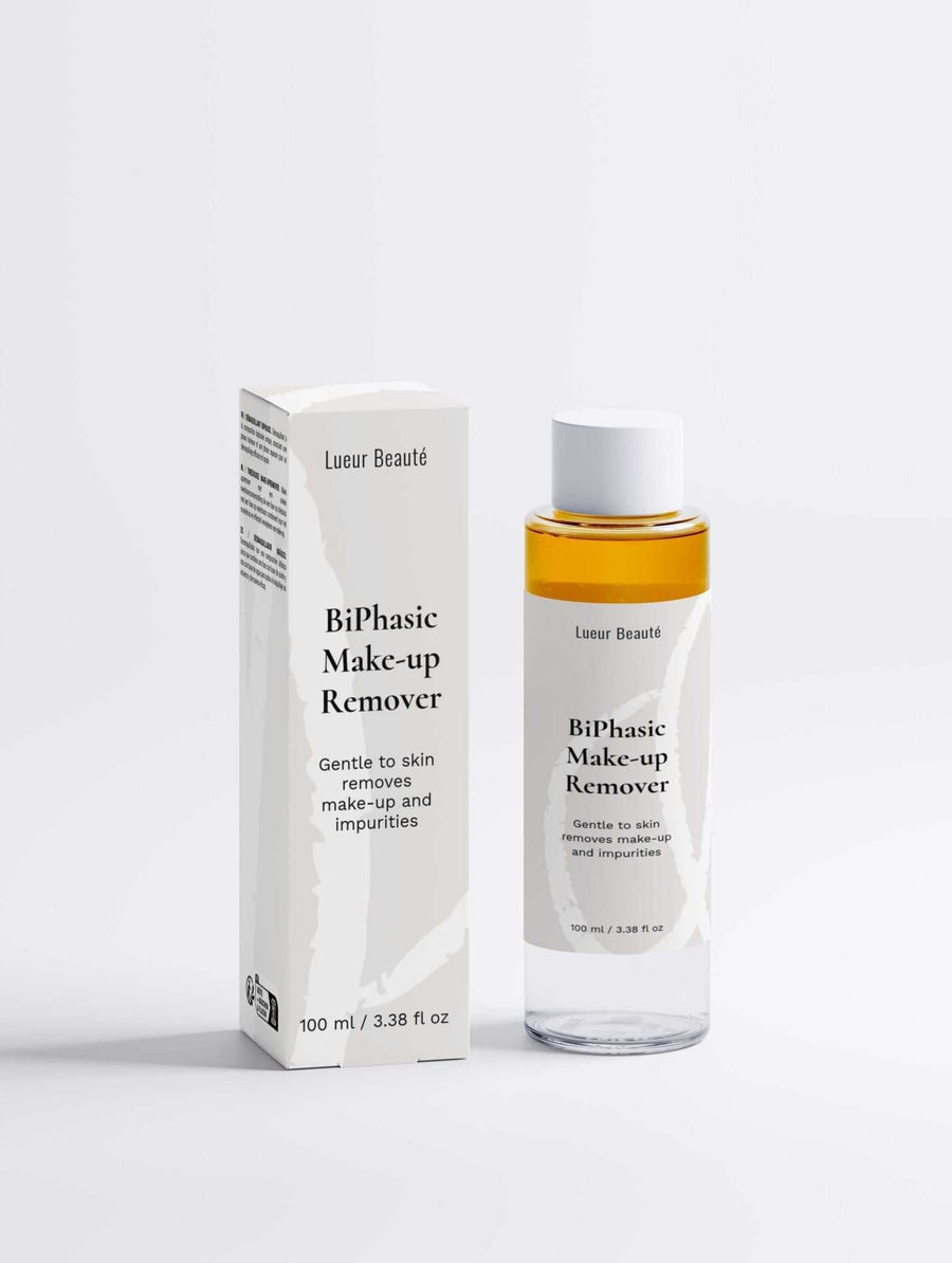 Biphasic makeup remover bottle and packaging on a white background