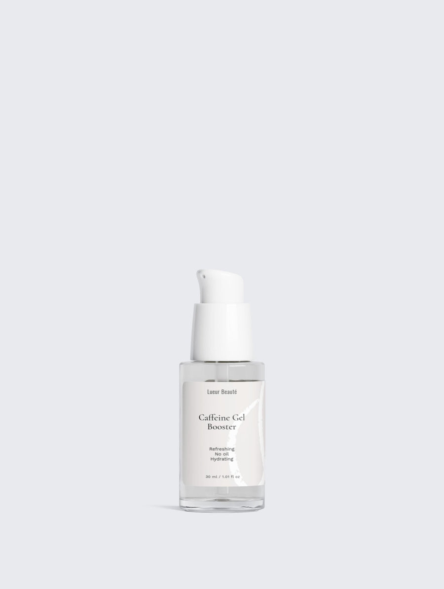 Skincare serum bottle labeled 'Caffeine Gel Booster' on a light gray background