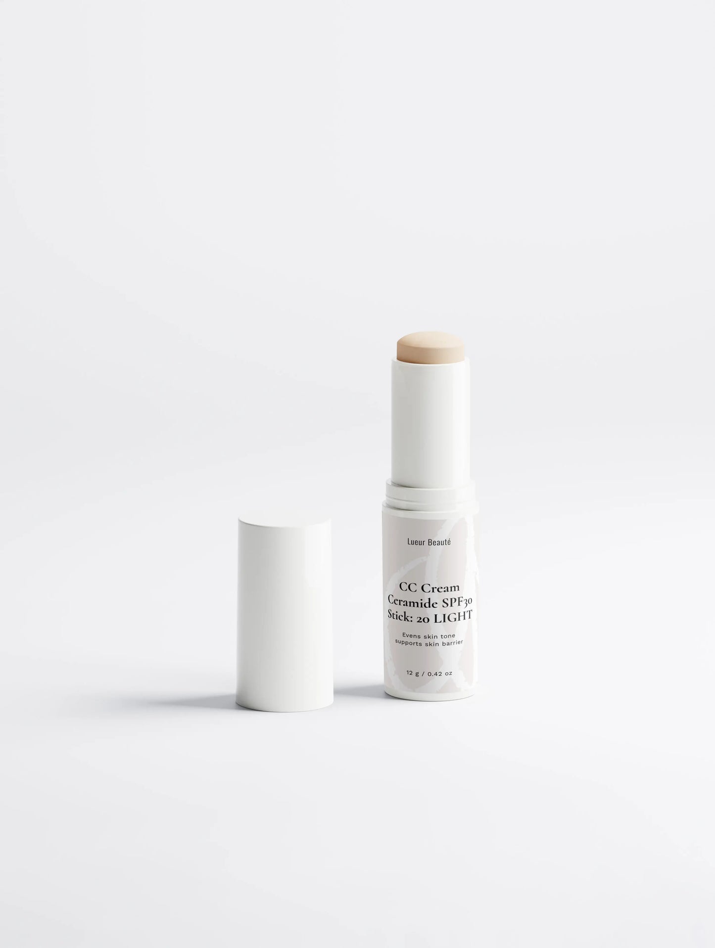 Lueur Beauté CC Cream Ceramide SPF30 Stick in shade Light with open packaging