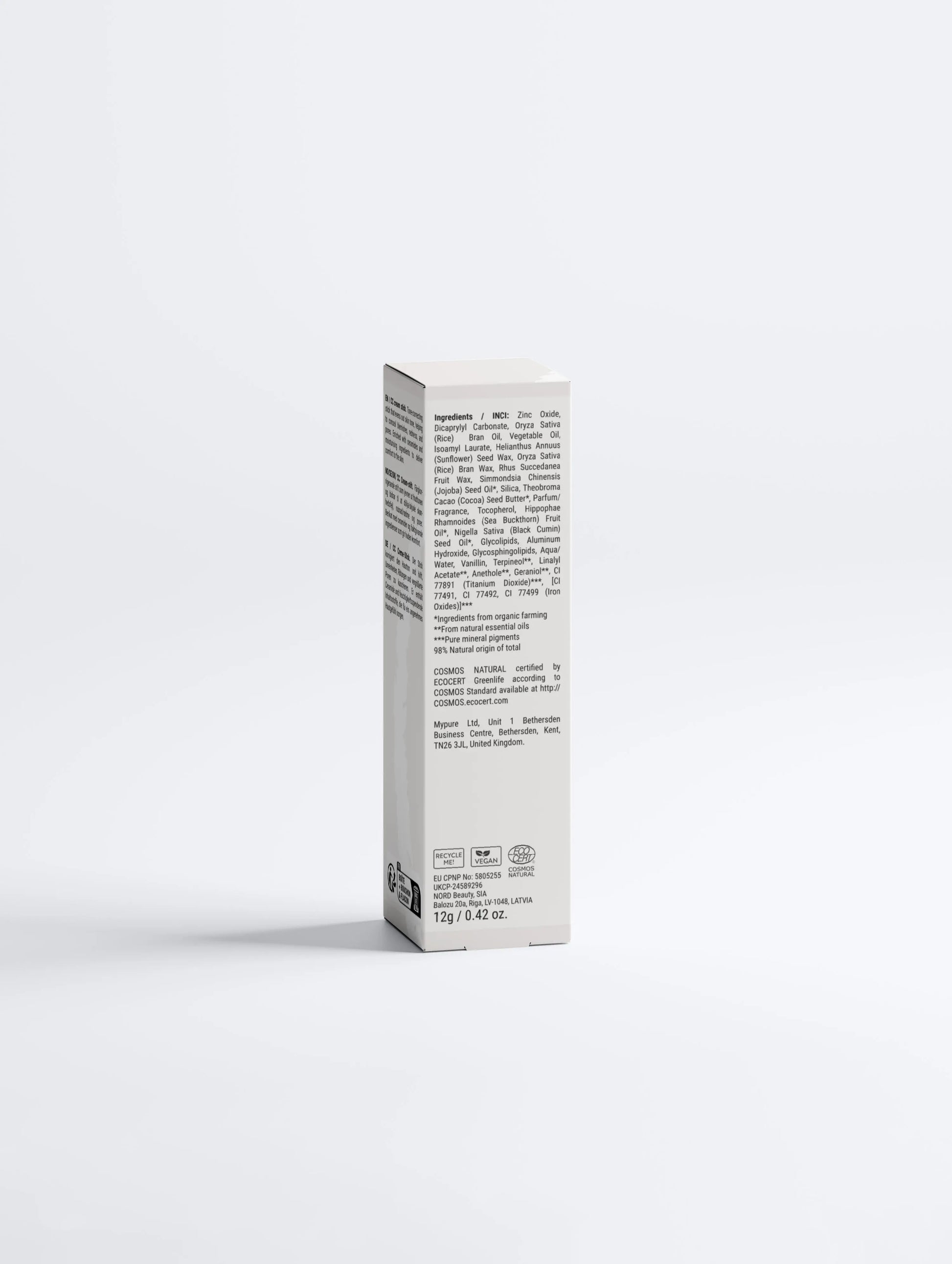 Back view packaging of Lueur Beauté CC Cream Ceramide SPF30 Stick Light