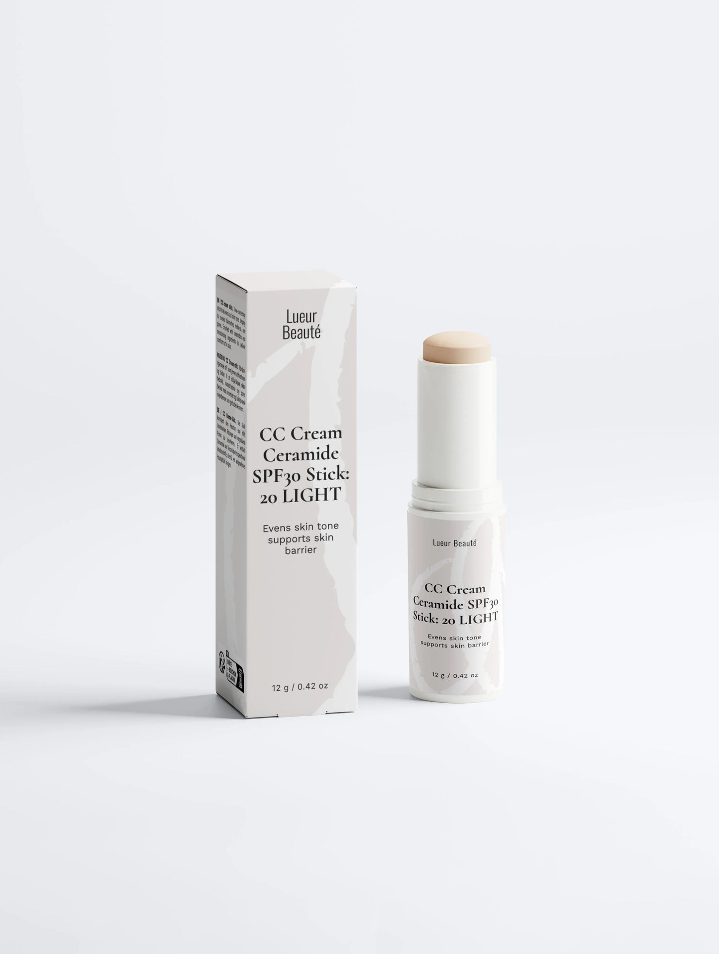 Lueur Beauté CC Cream Ceramide SPF30 Stick Light with product packaging