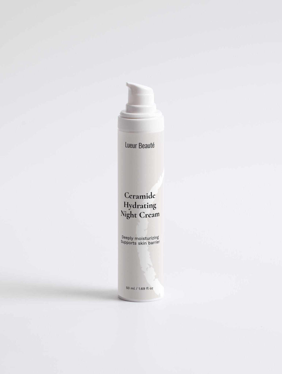 Lueur Beauté Ceramide Hydrating Night Cream bottle on clean white background for nighttime skin barrier repair