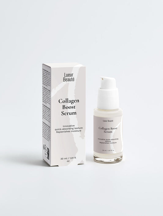 Lueur Beaute Collagen Boost Serum with packaging on a white background