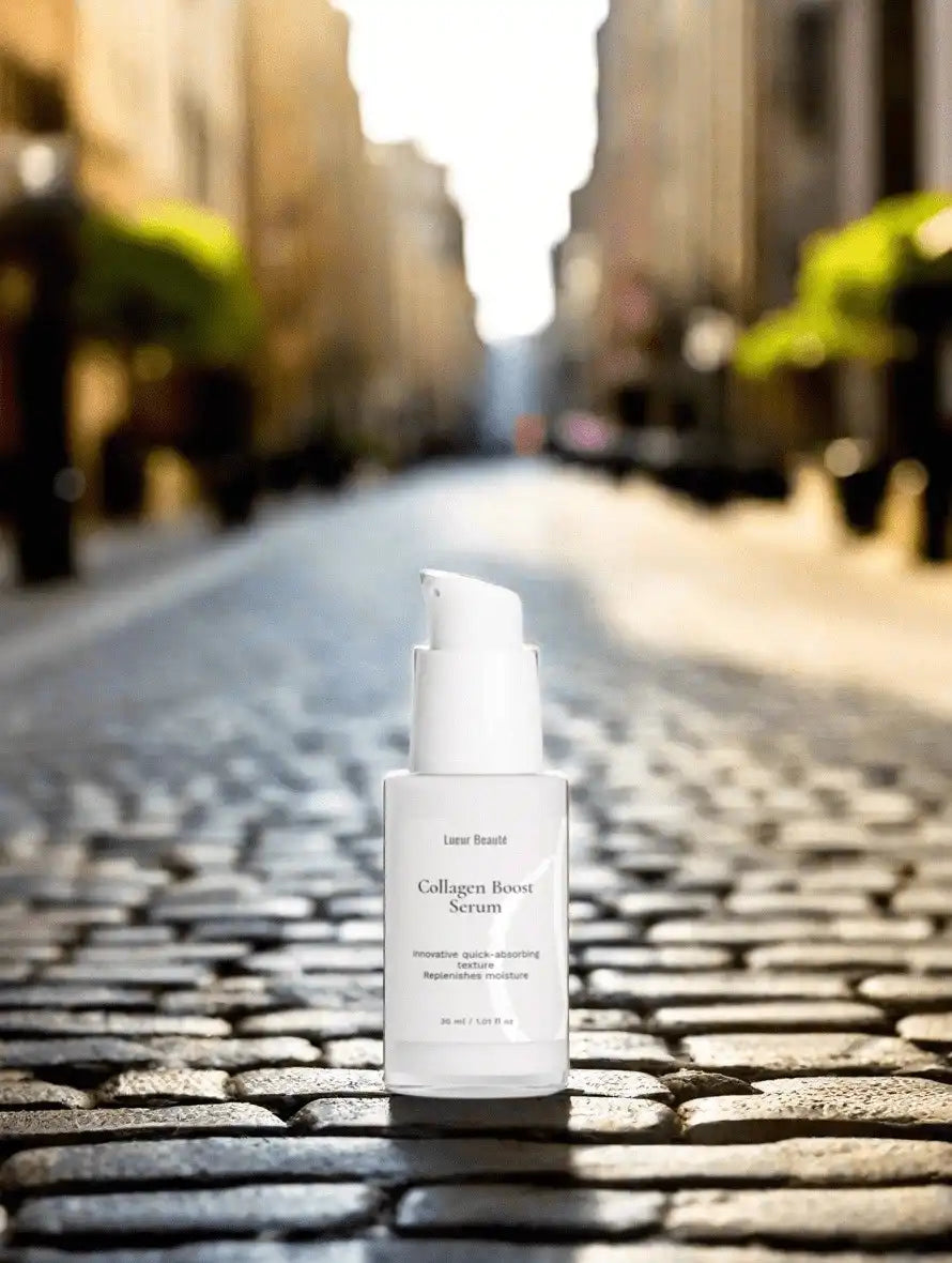 Collagen Boost Serum bottle placed on a sunlit cobblestone street with a blurred city background
