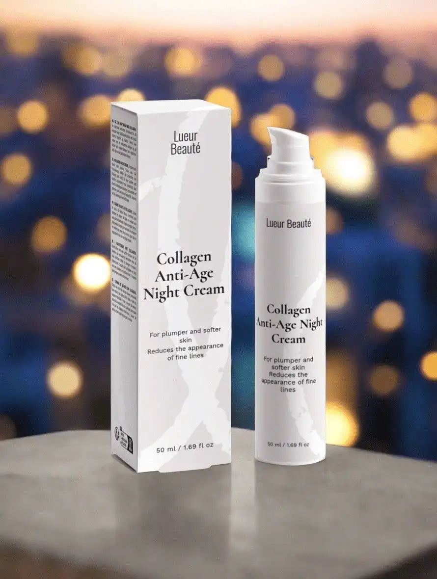 Collagen Anti-Age Night Cream bottle and packaging on a stone surface with city lights bokeh in the background